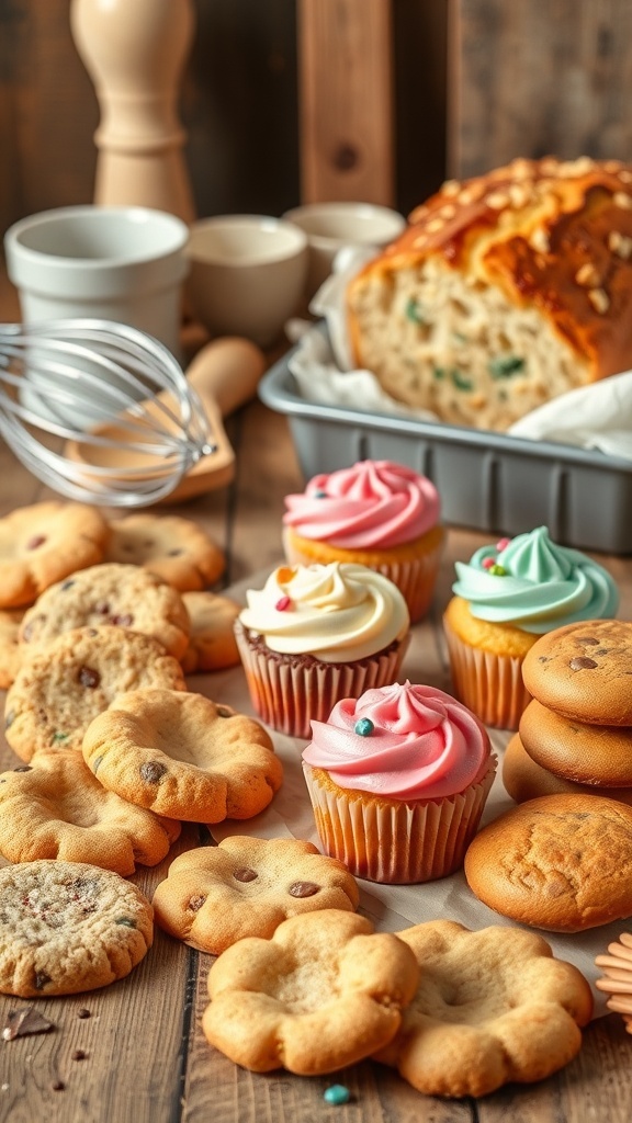 An assortment of cookies, cupcakes, and artisan bread displayed on a wooden table.